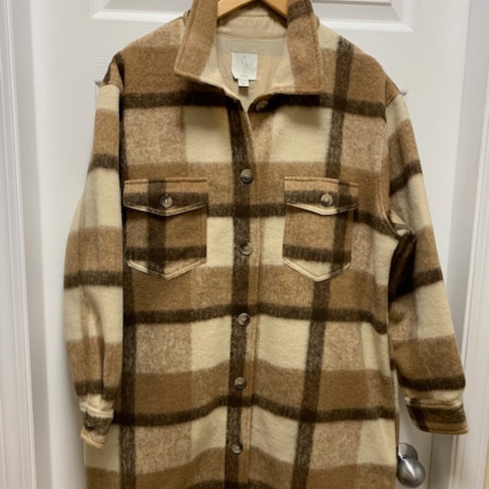 JOIE Long Plaid Shacket in neutral earth tones; Sz XL; NWOT